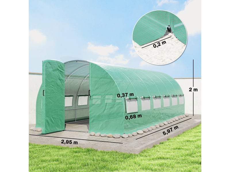  Serre tunnel de 6 x 3 x 2 m avec porte à charnières, 12 fenêtres grillagées et structure en acier galvanisé vert  - Conforama E