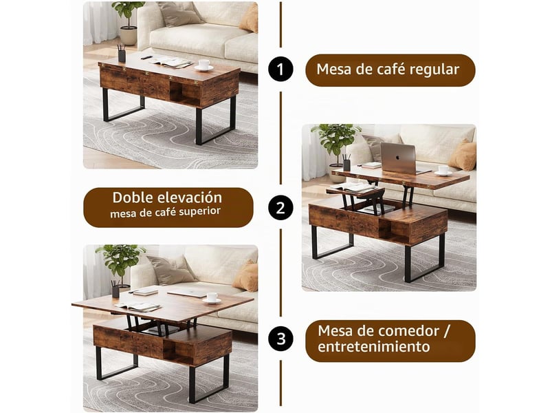  Table basse réglable en hauteur, table de salon multifonctionnelle 3 en 1 avec 2 tiroirs et rangement dissimulé (marron rétro)  - Conforama E