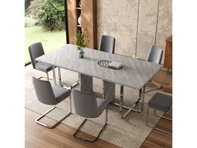  Table à manger 180x80x75 cm design moderne, plateau gris et pieds métalliques argentés, pour 6 à 8 personnes, mdf.  - Conforama E
