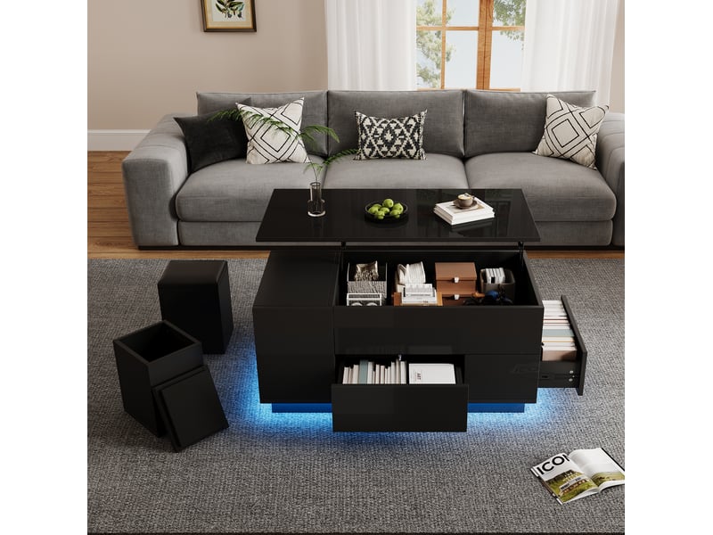  Table basse relevable avec led – 100 x 50 x 45 cm – 2 tiroirs et 2 tabourets – noir  - Conforama C