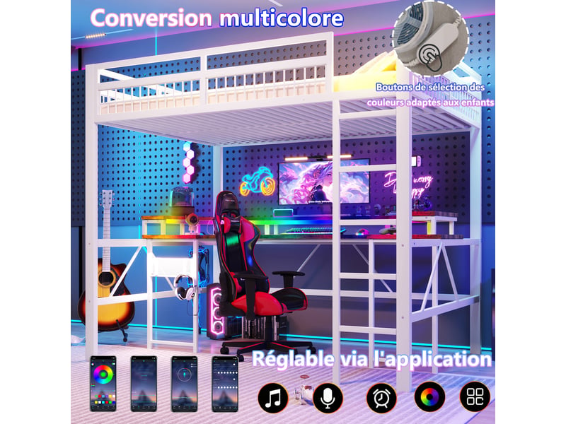  Lit mezzanine 140 x 200 cm sans matelas, structure métal, bureau, led, usb et type-c, prises, panneau perforé, blanc  - Conforama D