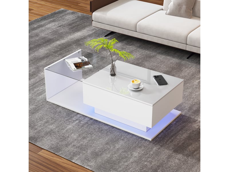  Table basse 100x50x32 cm avec plateau en verre, éclairage led, tiroir de rangement, finition blanc brillant, design moderne pour salon - blanc  - Conforama B