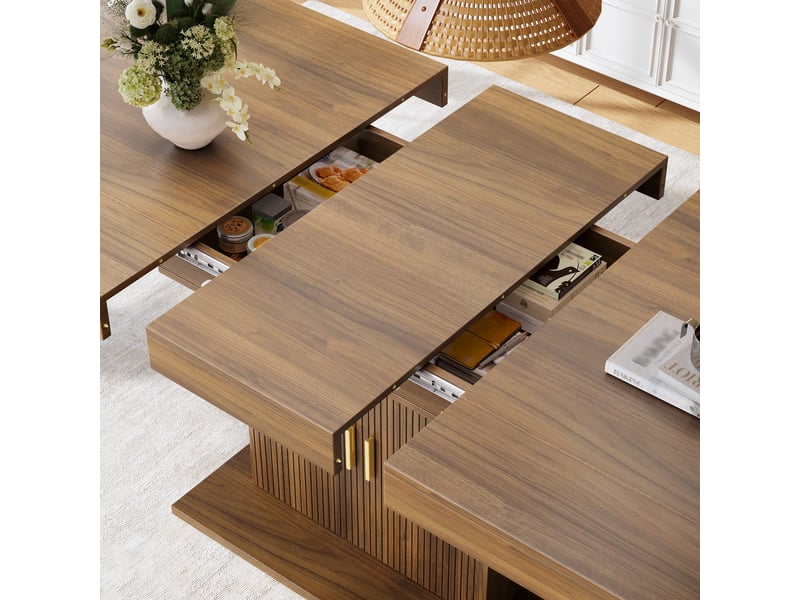  Table à manger extensible 140-180 cm avec rangement intégré, portes rainurées, plateaux amovibles, effet chêne et noyer evarich - Conforama D