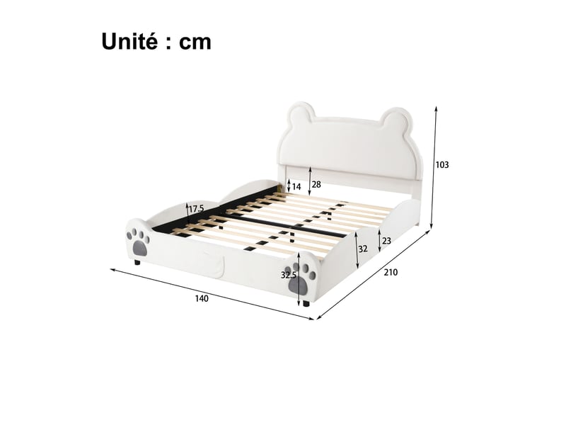 Lit enfant 140x200 cm - lit rembourré double au style original en forme d’ours, revêtement en velours doux, montage complet ou partiel requis, sans matelas - blanc - Conforama C