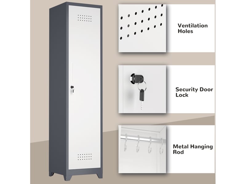  Armoire de rangement étroite 165 x 40 x 40 cm grise en métal, porte verrouillable et 4 compartiments  - Conforama E