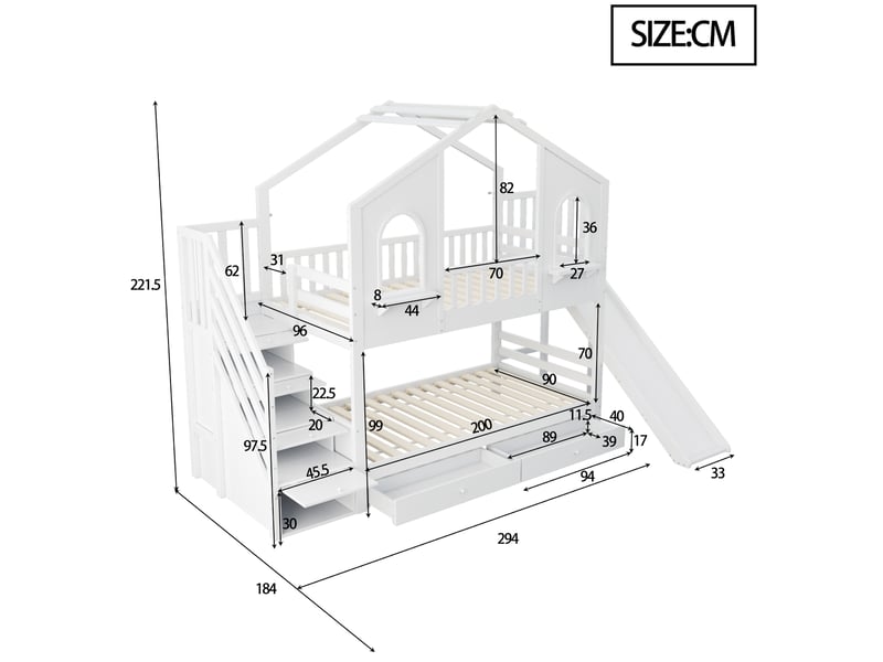 Lit superposé enfant 90 x 200 cm avec toboggan, escalier de rangement et tiroirs blanc - Conforama E