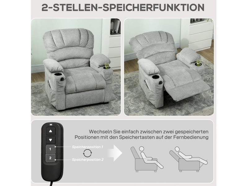  Fauteuil relax électrique inclinable avec repose-pieds, usb, deux positions mémorisées, porte-gobelets en polyester gris  - Conforama E