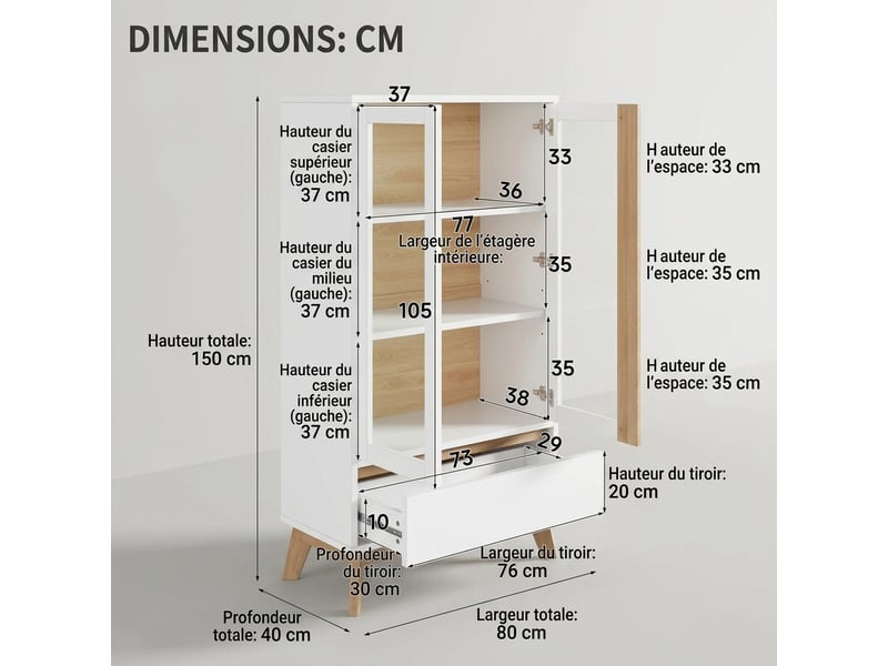  Buffet de cuisine blanc et bois, étagères réglables, 80x40x150 cm  - Conforama C