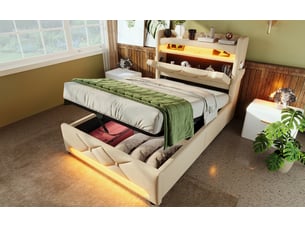Lit avec rangement 90x200 cm <strong>HAVRYA</strong>  <strong></strong> coloris beige