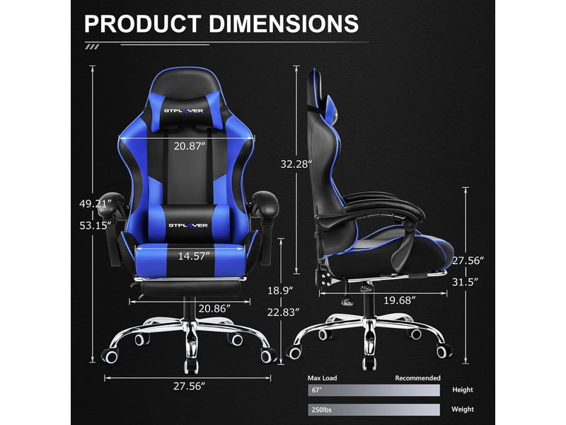  Gtplayer chaise de jeu ergonomique avec repose-pieds, réglable en hauteur - similicuir bleu GT800A-BL - Conforama B