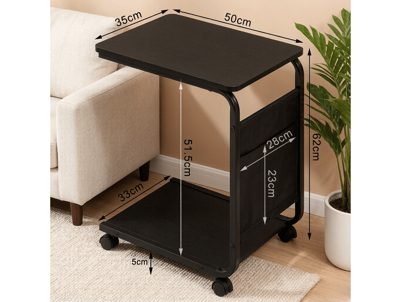  Table d'appoint pour canapé noire avec roulettes et poche latérale, 50 x 35 x 62 cm  - Conforama E