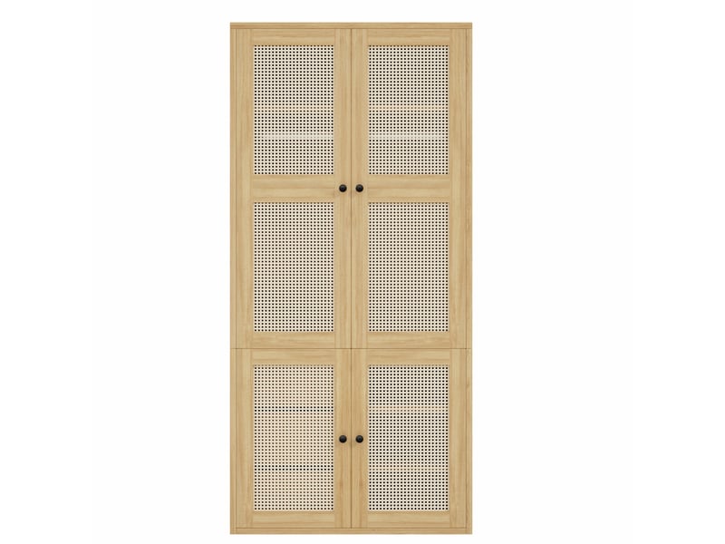  Armoire 4 portes 90 x 47 x 200 cm – chêne – cannage en rotin, 3 tiroirs, 4 compartiments et penderie  - Conforama D