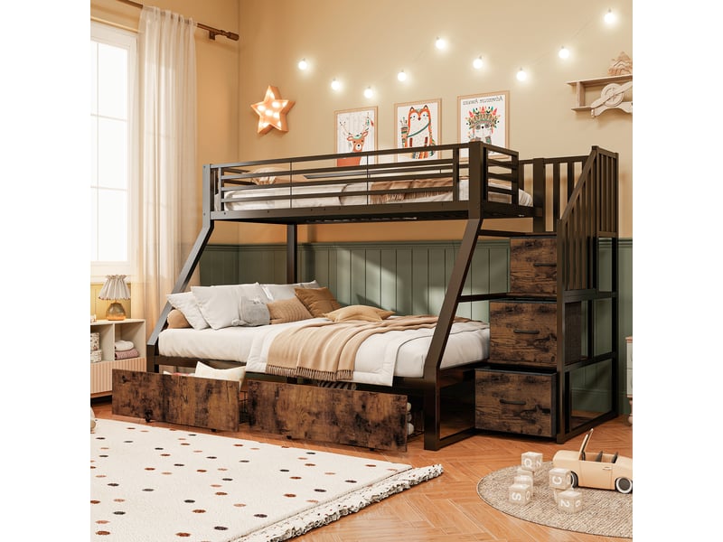 Lit superposé familial 90x200 et 140x200 cm avec escalier de rangement, 2 tiroirs et barrières de sécurité, métal et mdf - noir, noir et vintage  - Conforama B