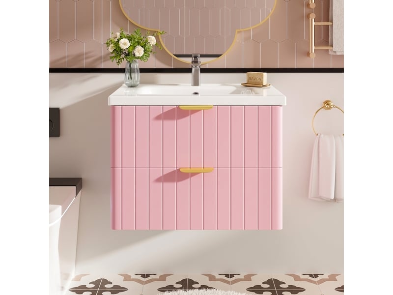 Meuble vasque suspendu rose et blanc 60,5 cm avec vasque en céramique et rangement 2 niveaux  - Conforama B