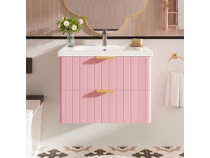 Meuble vasque suspendu rose et blanc 60,5 cm avec vasque en céramique et rangement 2 niveaux
