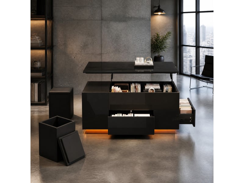  Table basse relevable avec 2 tiroirs, led et 2 tabourets de rangement, pour salon, 100 x 50 x 45 cm, noir  - Conforama B