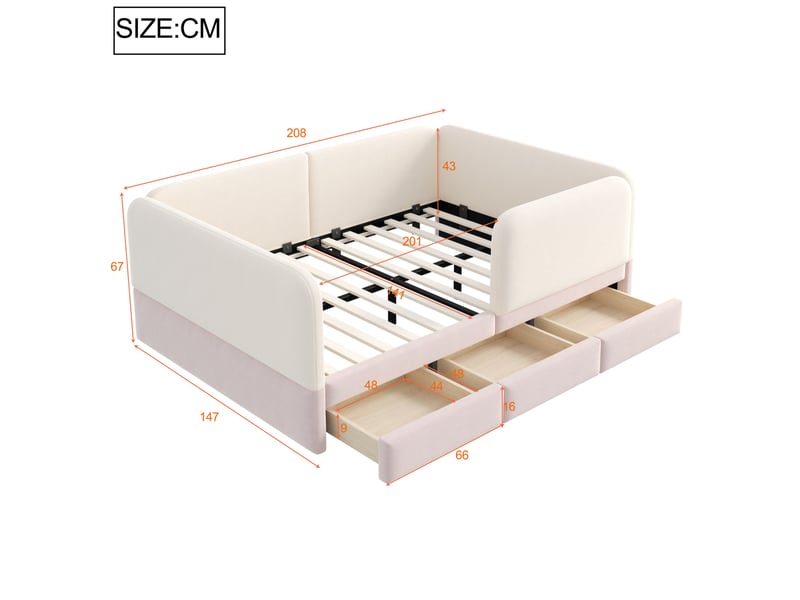  Lit enfant, 140x200 cm, espace nuit, avec 3 tiroirs de rangement, matelas non inclus, velours, coloris beige et rose  - Conforama C