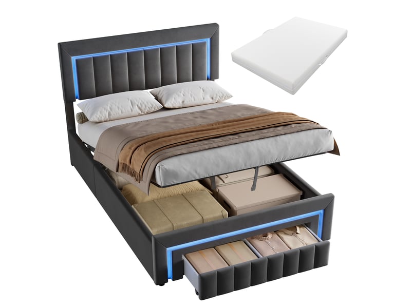  Lit rembourré 140 × 200 cm 2 places avec matelas et éclairage led, lit avec coffre de rangement, lit pour enfant avec tiroirs et roulettes, gris  - Conforama A
