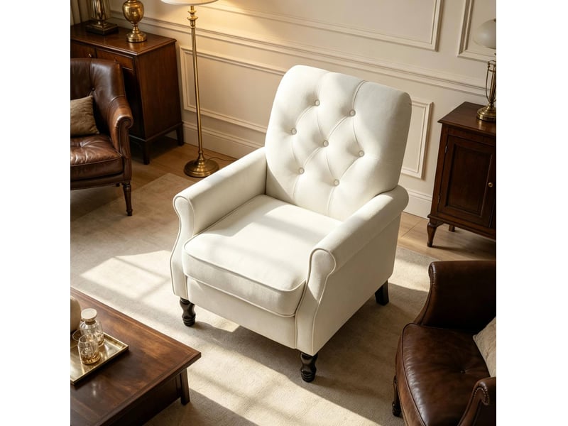  Fauteuil lounge capitonné avec coussin à ressorts ensachés et pieds en bois, en tissu de lin crème  - Conforama B