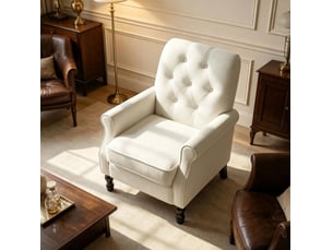 Fauteuil lounge capitonné avec coussin à ressorts ensachés et pieds en bois, en tissu de lin crème