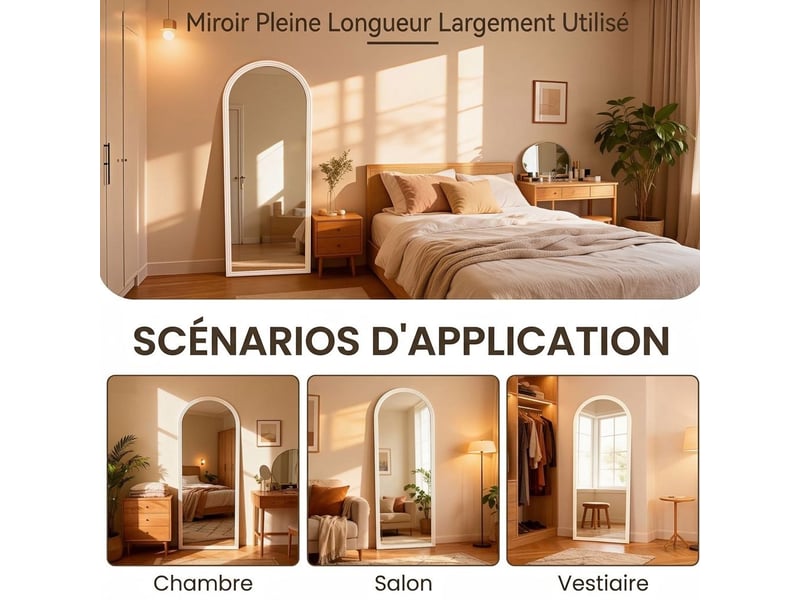 Miroir sur pied arqué pleine longueur 160 x 50 cm – grand miroir psyché autoportant avec cadre en bois massif et verre hd anti-déformation pour chambre, dressing et salon – blanc - Conforama B
