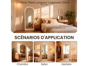 Miroir sur pied arqué pleine longueur 160 x 50 cm – grand miroir psyché autoportant avec cadre en bois massif et verre hd anti-déformation pour chambre, dressing et salon – blanc