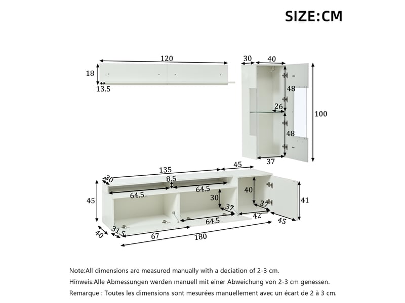  Ensemble meuble tv mural led 3 pièces 180 cm avec vitrine et étagère, design modulaire mdf blanc brillant  - Conforama C