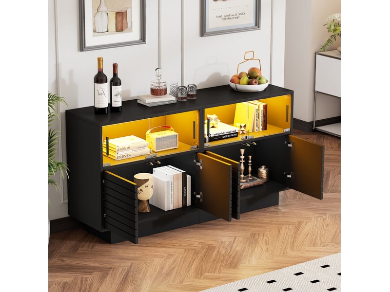  Buffet bas noir avec led, 4 portes vitrées coulissantes – 130 x 35 x 68 cm  - Conforama B