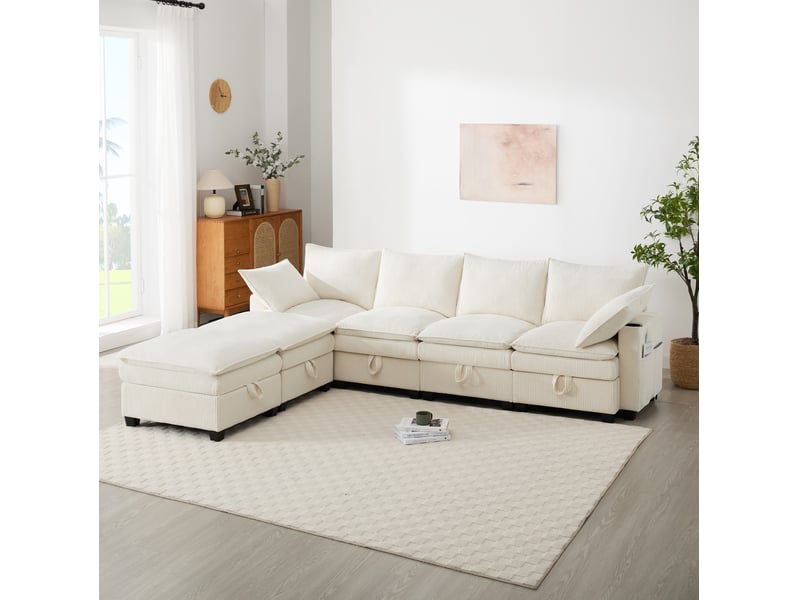  Canapé d'angle modulable 6 places en velours côtelé beige avec rangement, usb et porte-gobelets intégrés  - Conforama E