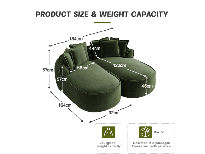  Canapé cloud vert en chenille, double méridienne, coussins inclus, sans montage  - Conforama C