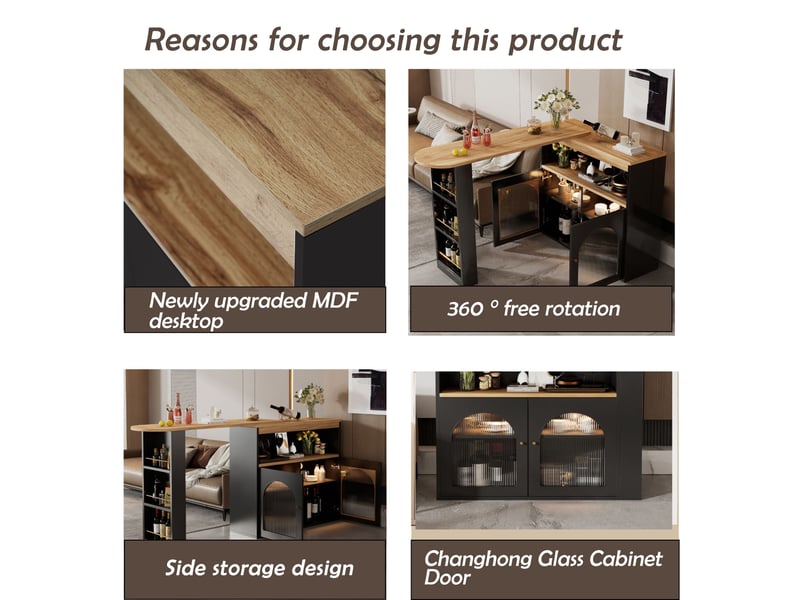  Table bar extensible noir, rangement, rotation 360 degres, portes vitrées, éclairage led, confort, solide - mdf - 138-193x39x105cm  - Conforama C