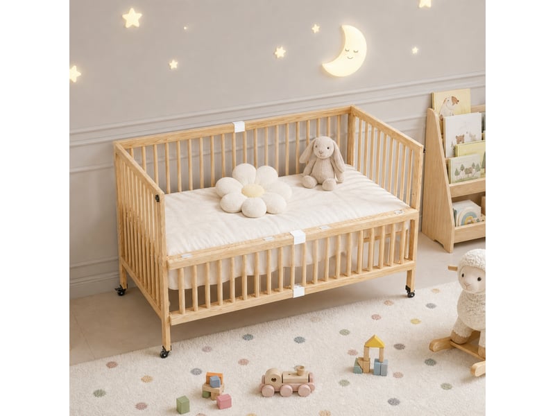 Lit enfant évolutif, 4 hauteurs et roulettes verrouillables - okmyhome- barrière rabattable, pin massif, sans matelas - Conforama C