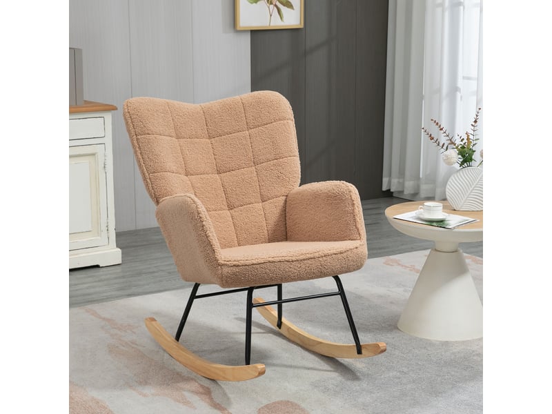  Fauteuil à bascule rembourré en bois et acier avec revêtement en bouclé, 71 x 98 x 101 cm, marron  - Conforama D