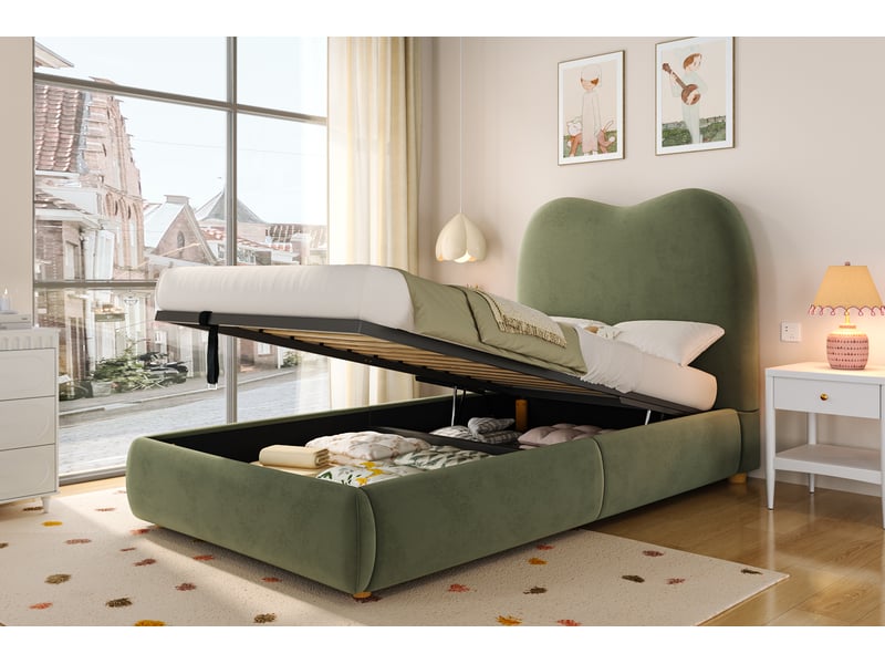  Lit coffre enfant 90x200 cm vert velours avec sommier à lattes et tête de lit capitonnée rangement hydraulique Sol Morn - Conforama D