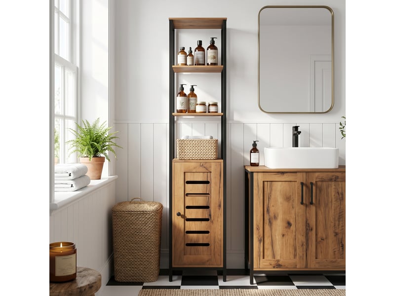 Meuble colonne de salle de bain industriel 3 étagères ouvertes porte à lamelles réglables étagères marron rustique  - Conforama D