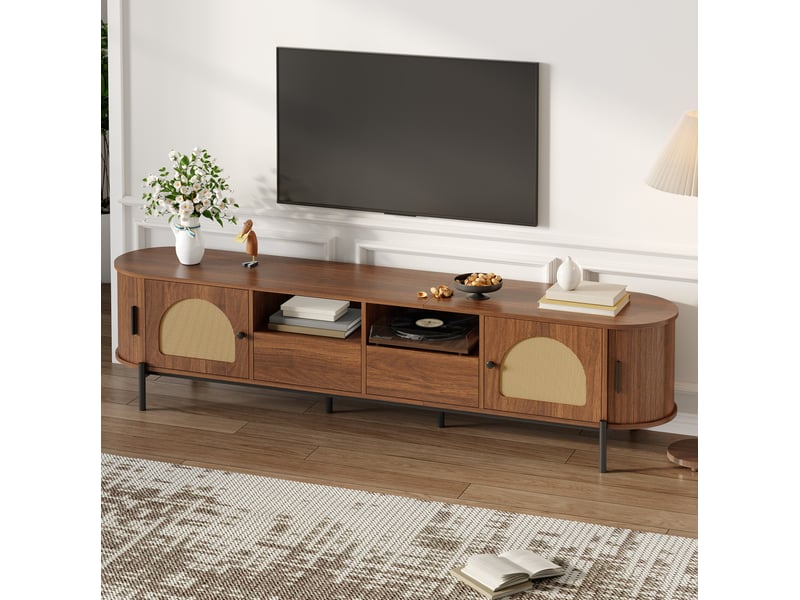  Meuble tv ovale 200x40x49,5 cm – noyer – rangement avec portes coulissantes et tiroirs pour salon  - Conforama D