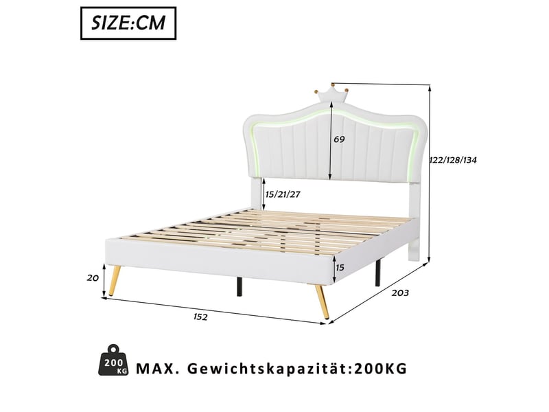  Lit pour fille140x200 cm - cadre de lit en forme de couronne - lit double capitonné - revêtement en similicuir-éclairage led intégré  - Conforama C