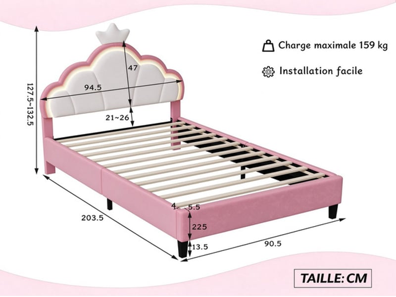 Lit enfant 90x200 cm ezssw, coloris rose - Conforama C
