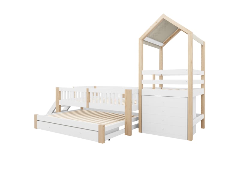  Lit gigogne 90x190 cm - lit cabane enfant 90x200 cm - 4 tiroirs, escalier et toit en tissu - blanc  - Conforama E
