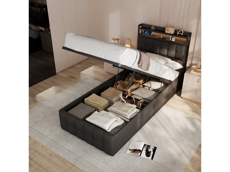 Lit coffre 90x200 avec led et usb, lit simple avec espace de rangement hydraulique cadre de lit rembourré avec tete de lit lits 1 place pour adolescent et chambre d'amis noir pu, sans matelas - Conforama B