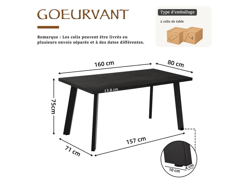  Table de salle à manger - plateau monobloc mat et pieds inclinés en métal avec patins de protection - chêne noir  - Conforama C