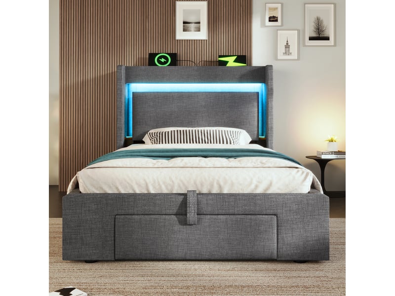 Lit coffre 90 x 200 cm avec matelas, tête de lit avec rangement, éclairage led, prises usb et usb-c, gris lin - Conforama C