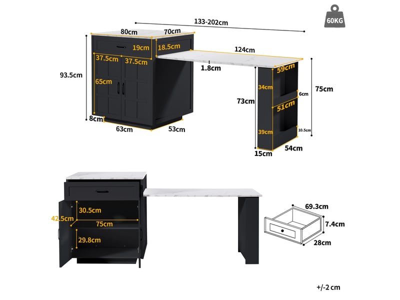  Îlot de cuisine extensible 133-202 x 70 x 93,5 cm avec rangement, noir  - Conforama C
