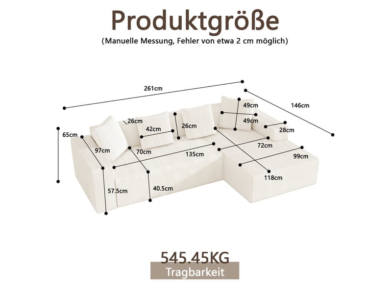  Canapé modulable 261x146x65 cm avec chaise longue coloris blanc  - Conforama D