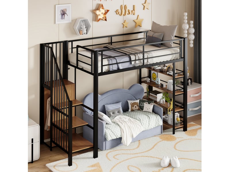  Lit mezzanine 90x200 cm avec escalier, rangements et penderie, noir et blanc  - Conforama E