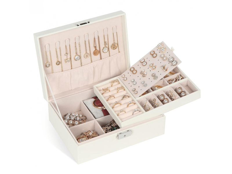 Boîte à bijoux pour femme, coffret à bijoux en cuir verrouillable de 2 couches organisateur à bijoux, petit jewelry stockage cas rangement(blanc) - Conforama A