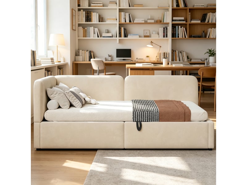  Lit banquette simple 90×200 cm coffre hydraulique, dossier réversible  - sans matelas, velours beige  - Conforama C