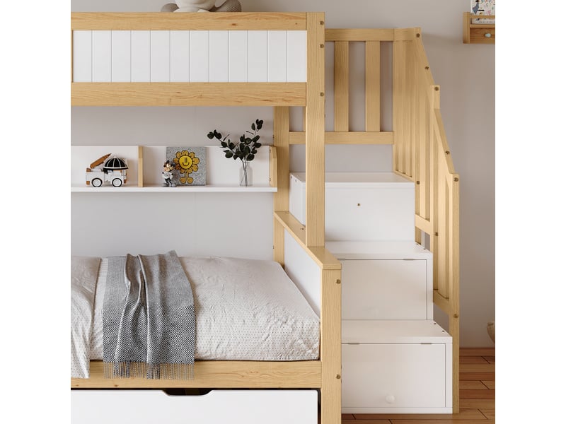  Lit superposé enfant avec lit gigogne, trois positions, placard et escalier, 90x200&amp;90x190&amp;120*200cm, blanc et naturel  - Conforama D
