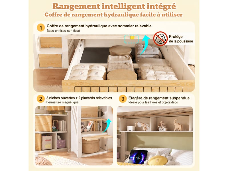  Lit superposé enfant 90x200 + 140x200 cm avec rangement sous lit, escalier coffre et prise usb-c - blanc  - Conforama D
