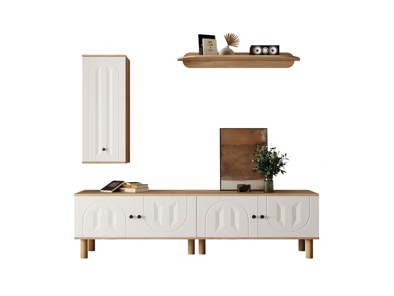  Composition murale tv 180 cm – blanc et bois, portes décor sculpté, meuble salon moderne  - Conforama A